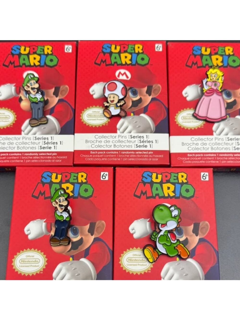 Lot of 5 Super Mario Collector Pins - Luigi x2, Yoshi, Toad,  Peach